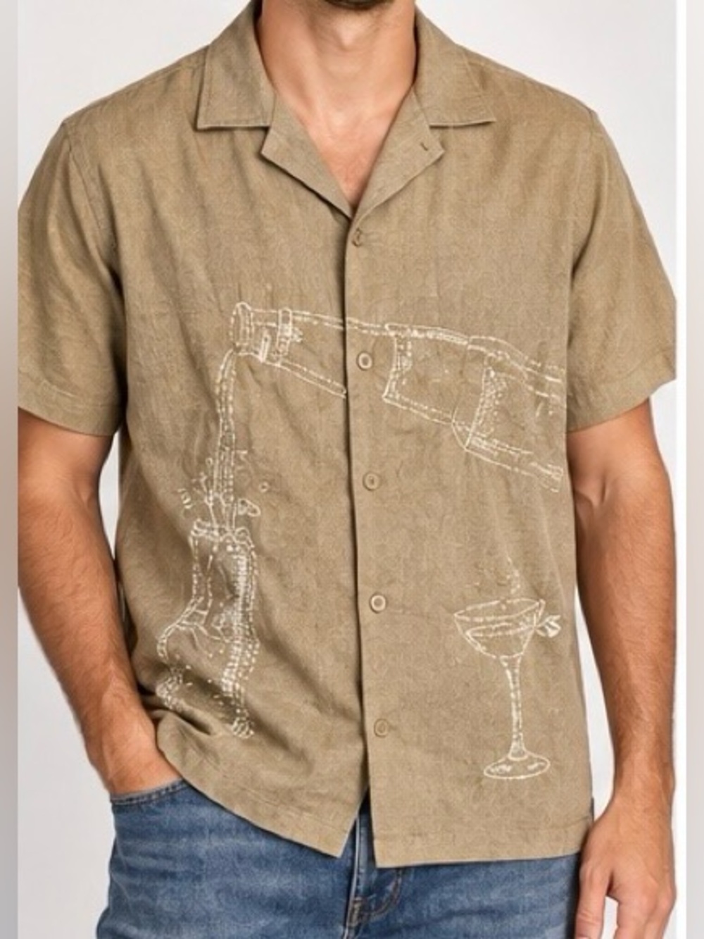 Rustic Souls Tan Button Down Shirt Embroidered Champagne Bottle Design NWT